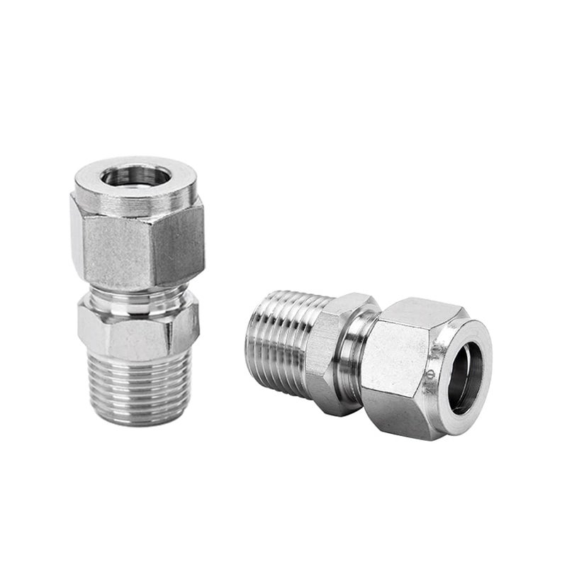 Pysrych 304 Stainless Steel Compression Fitting 1/4"" Tube OD x 1/8"" NPT Male Coupler Straight Adapter Connect with Double Ferrules Pack of 2 - Image 1